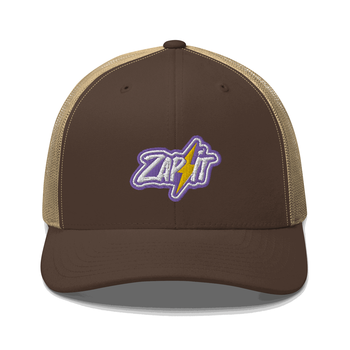 Front view of a brown and khaki bitcoin trucker cap.