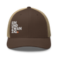 Front view of a brown and khaki bitcoin trucker cap.