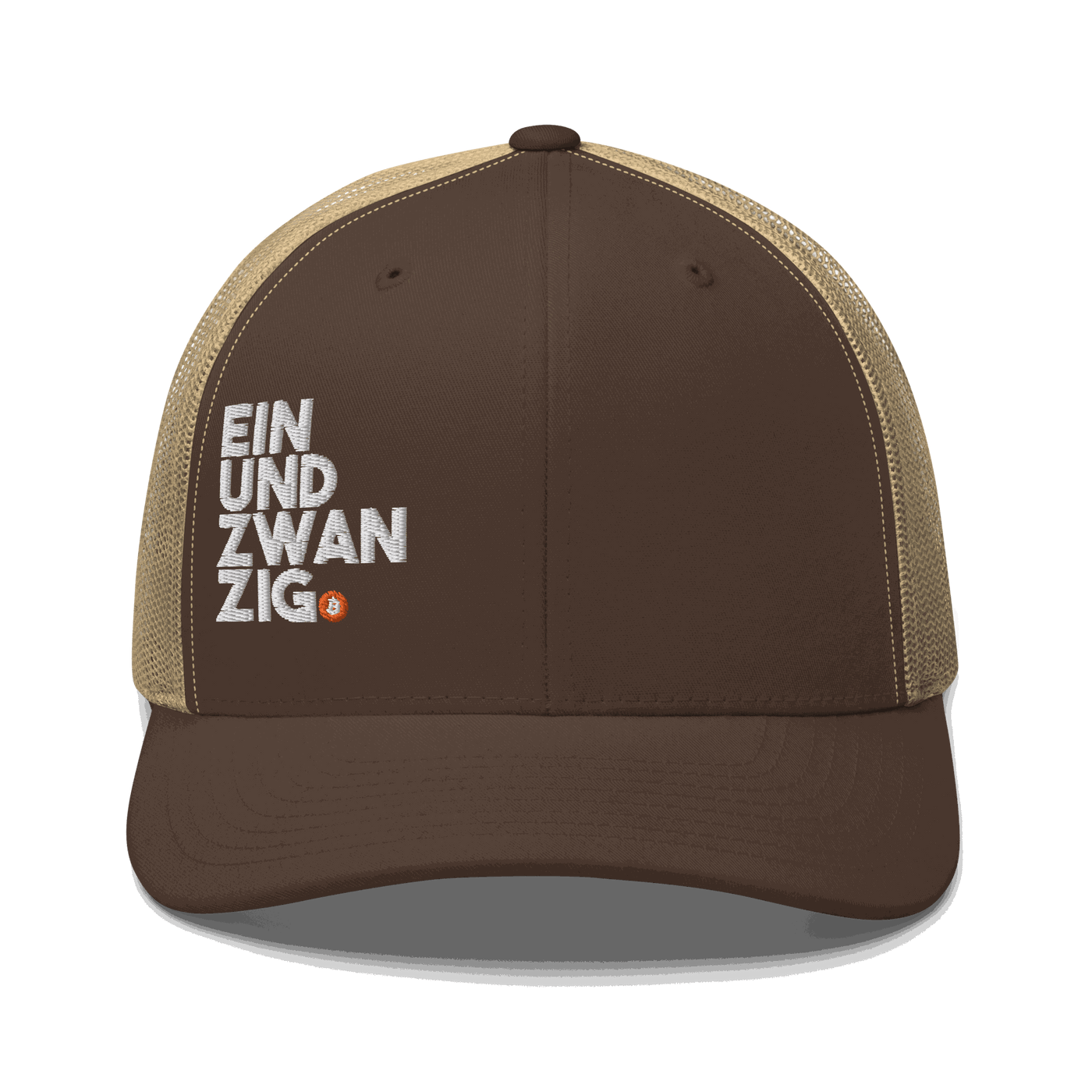Einundzwanzig branded bitcoin trucker cap with mesh back and adjustable closure