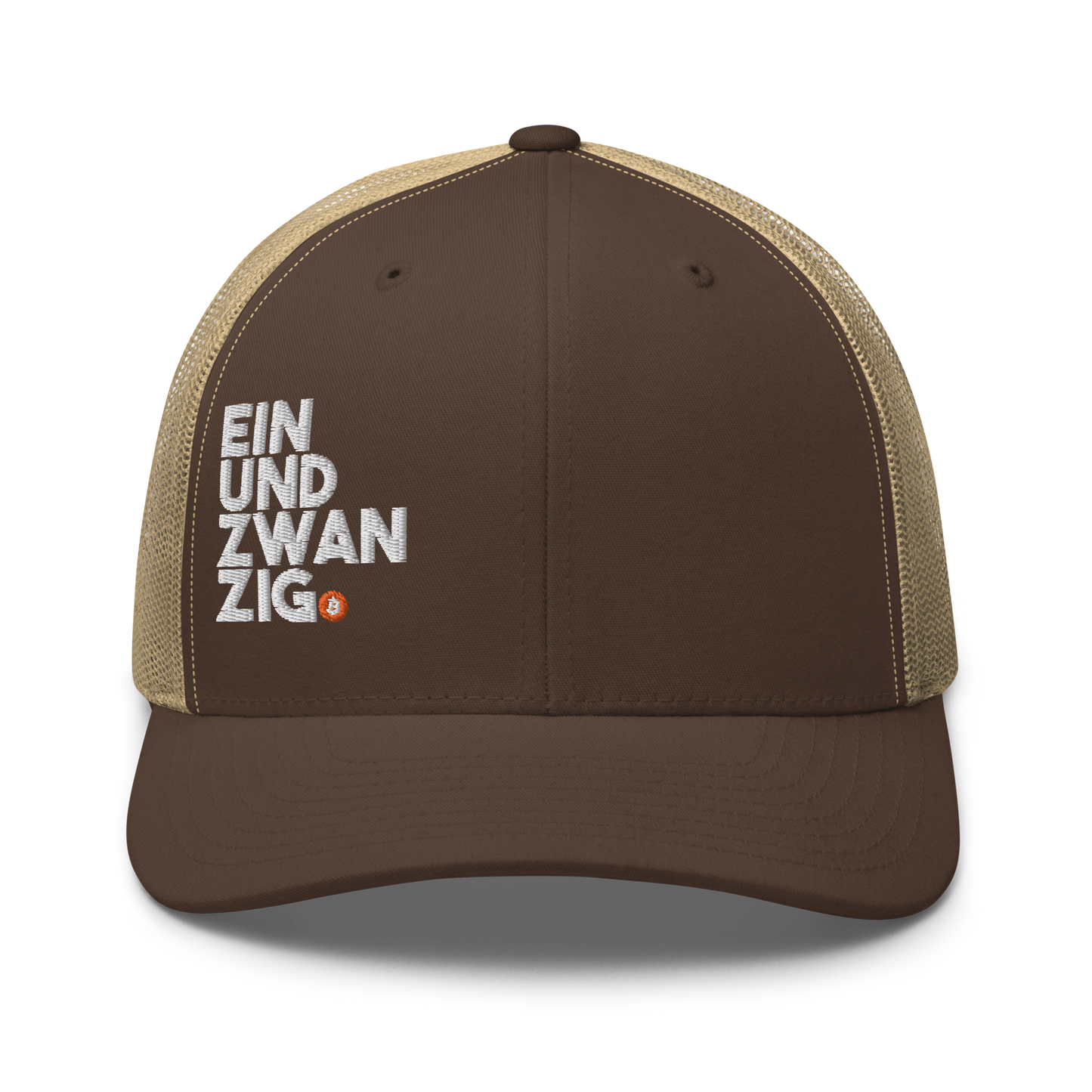 Front view of a brown and khaki bitcoin trucker cap.