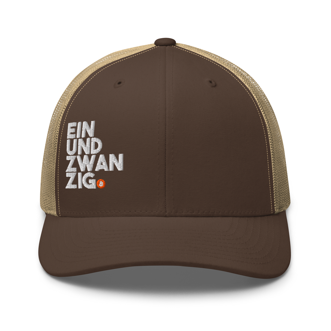 Einundzwanzig bitcoin trucker cap in Brown/ Khaki, front view.