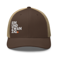 Einundzwanzig bitcoin trucker cap in Brown/ Khaki, front view.