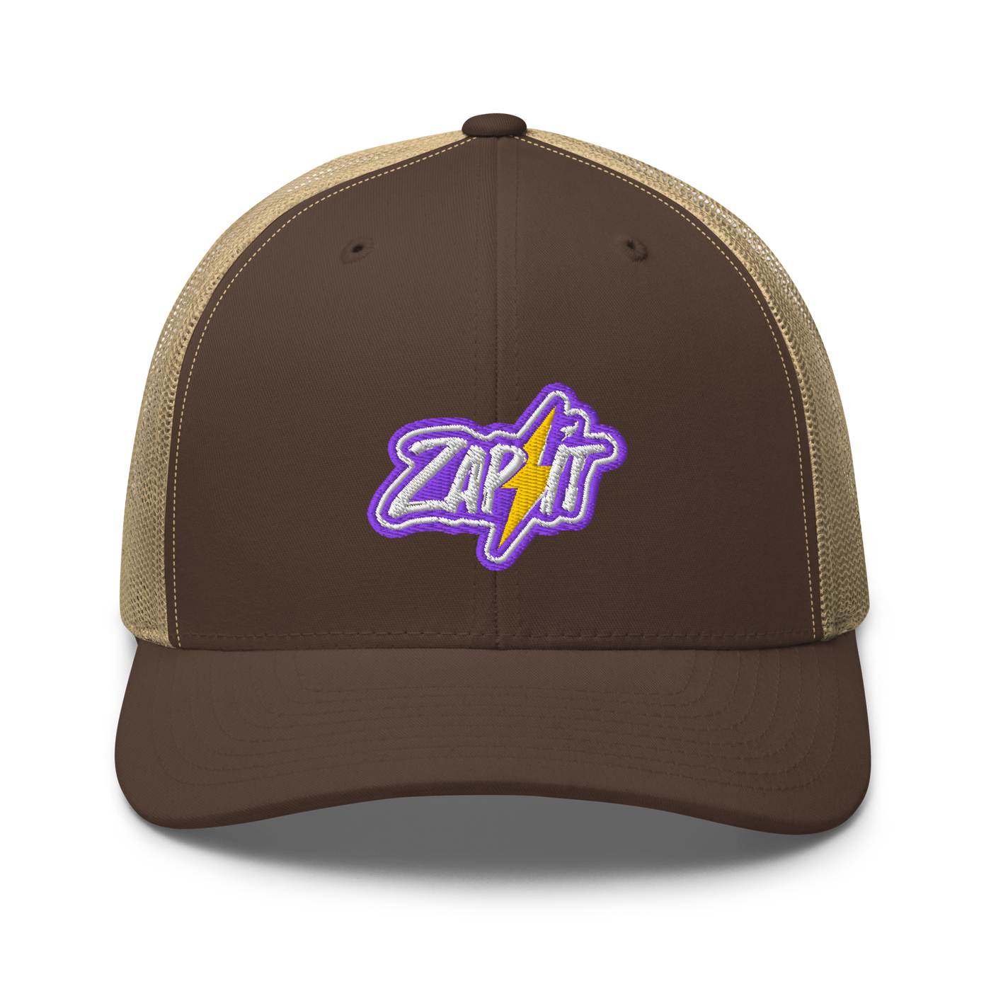 Zap It nostr trucker cap in Brown/ Khaki, front view.
