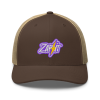 Zap It nostr trucker cap in Brown/ Khaki, front view.