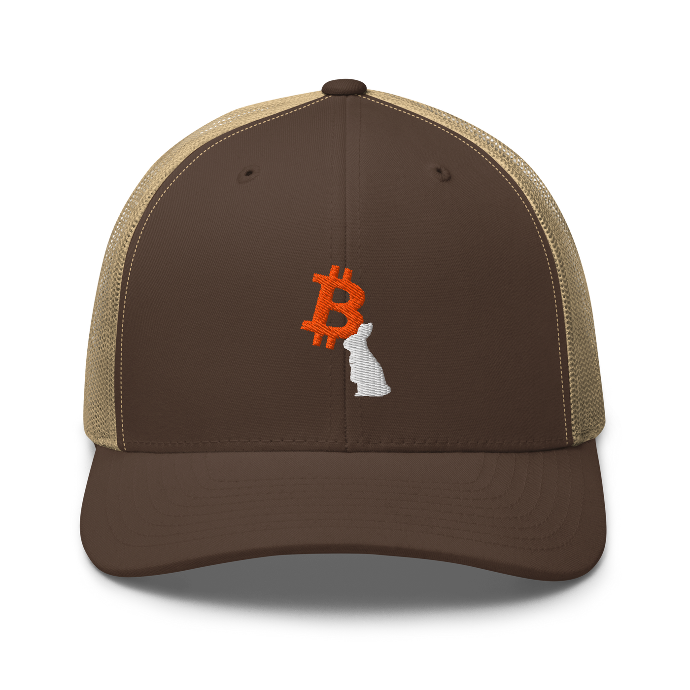 White Rabbit bitcoin trucker cap in Brown/ Khaki, front view.