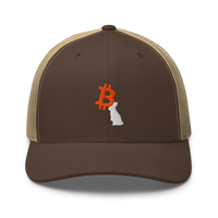 White Rabbit bitcoin trucker cap in Brown/ Khaki, front view.