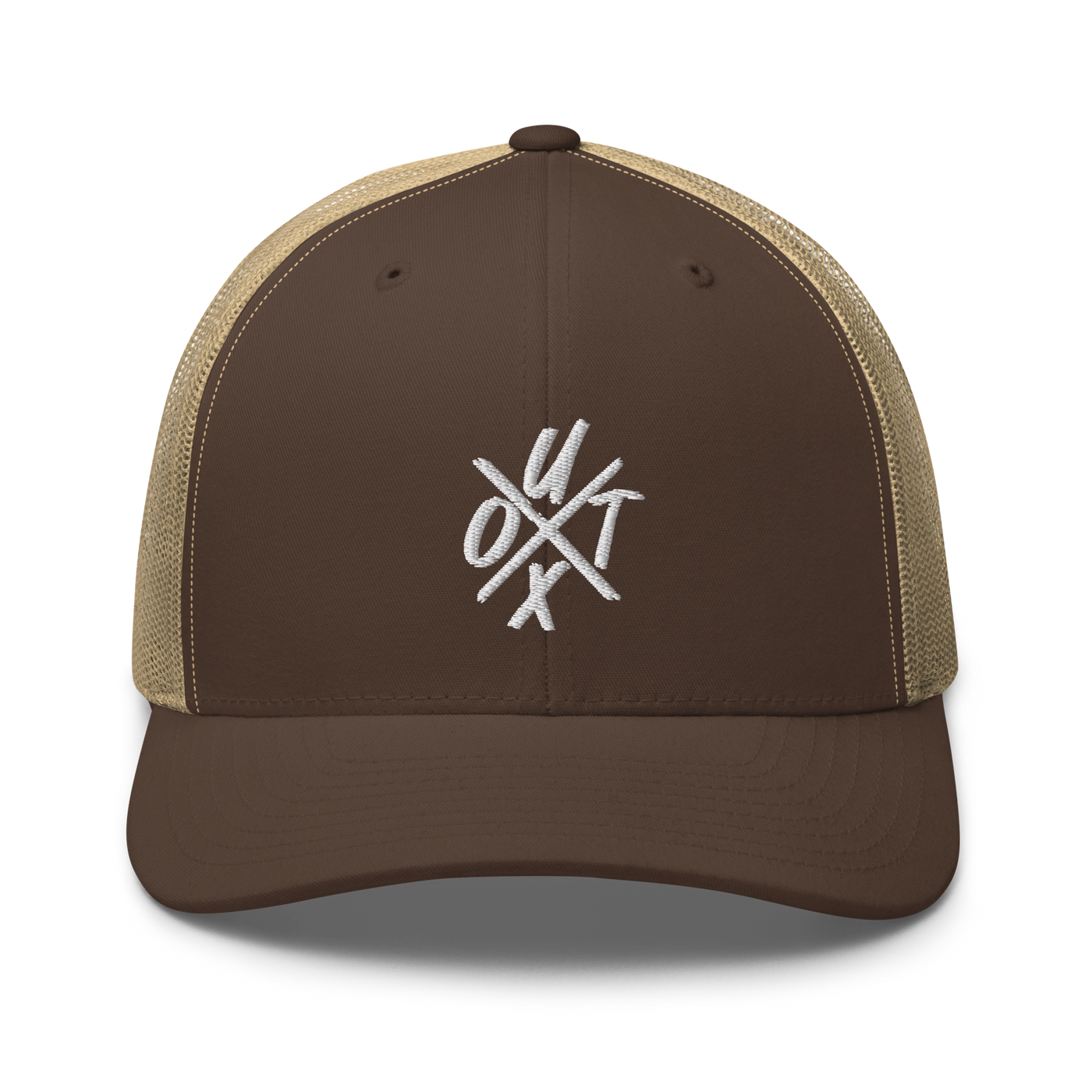 UTXO bitcoin trucker cap in Brown/ Khaki, front view.