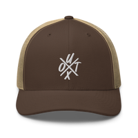 UTXO bitcoin trucker cap in Brown/ Khaki, front view.