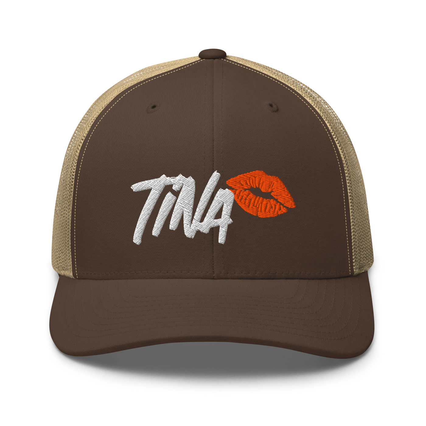 TINA bitcoin trucker cap in Brown/ Khaki, front view.