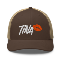 TINA bitcoin trucker cap in Brown/ Khaki, front view.
