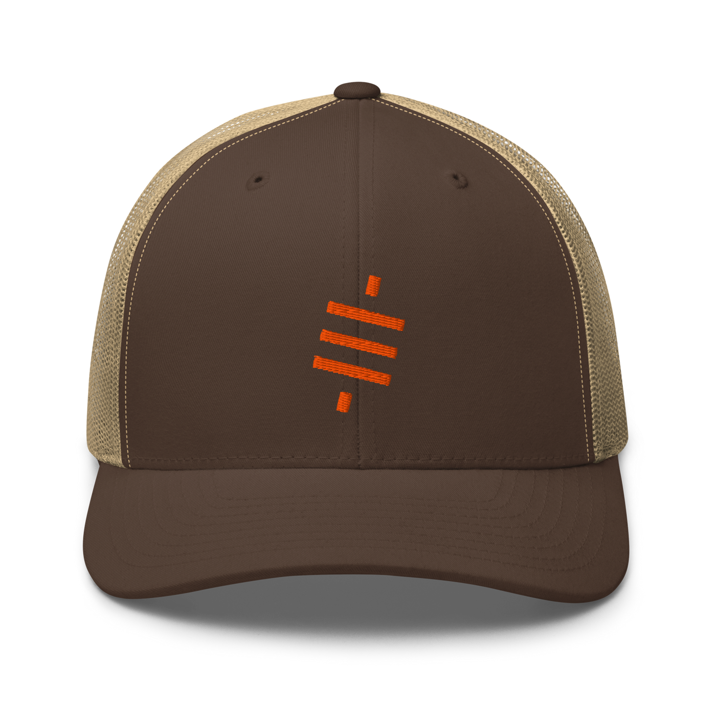 Sats symbol bitcoin trucker cap in Brown/ Khaki, front view.
