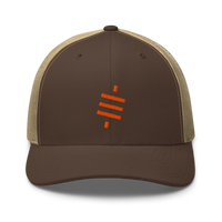 Sats symbol bitcoin trucker cap in Brown/ Khaki, front view.