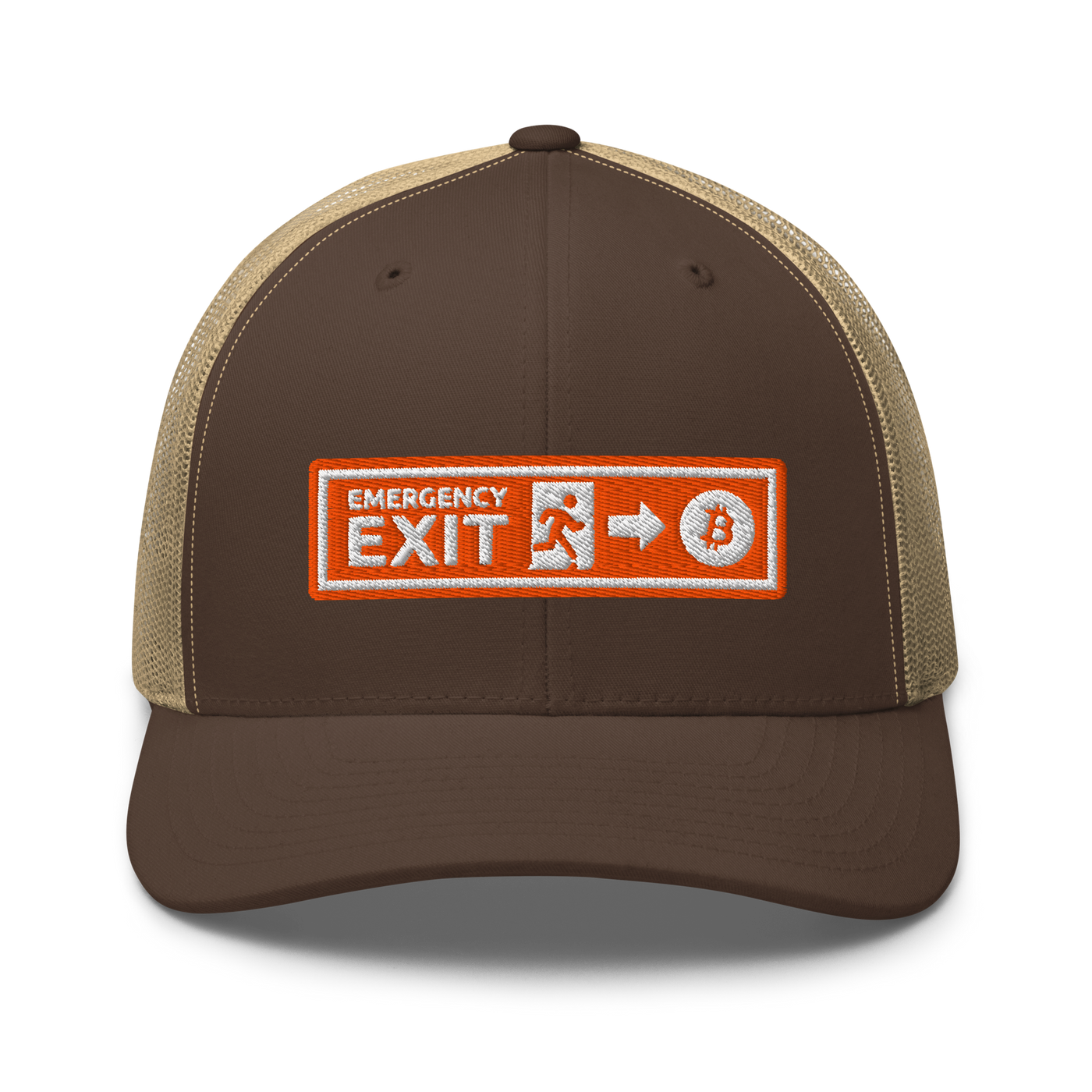 Emergency Exit bitcoin trucker cap in Brown/ Khaki, front view.
