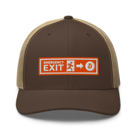 Emergency Exit bitcoin trucker cap in Brown/ Khaki, front view.