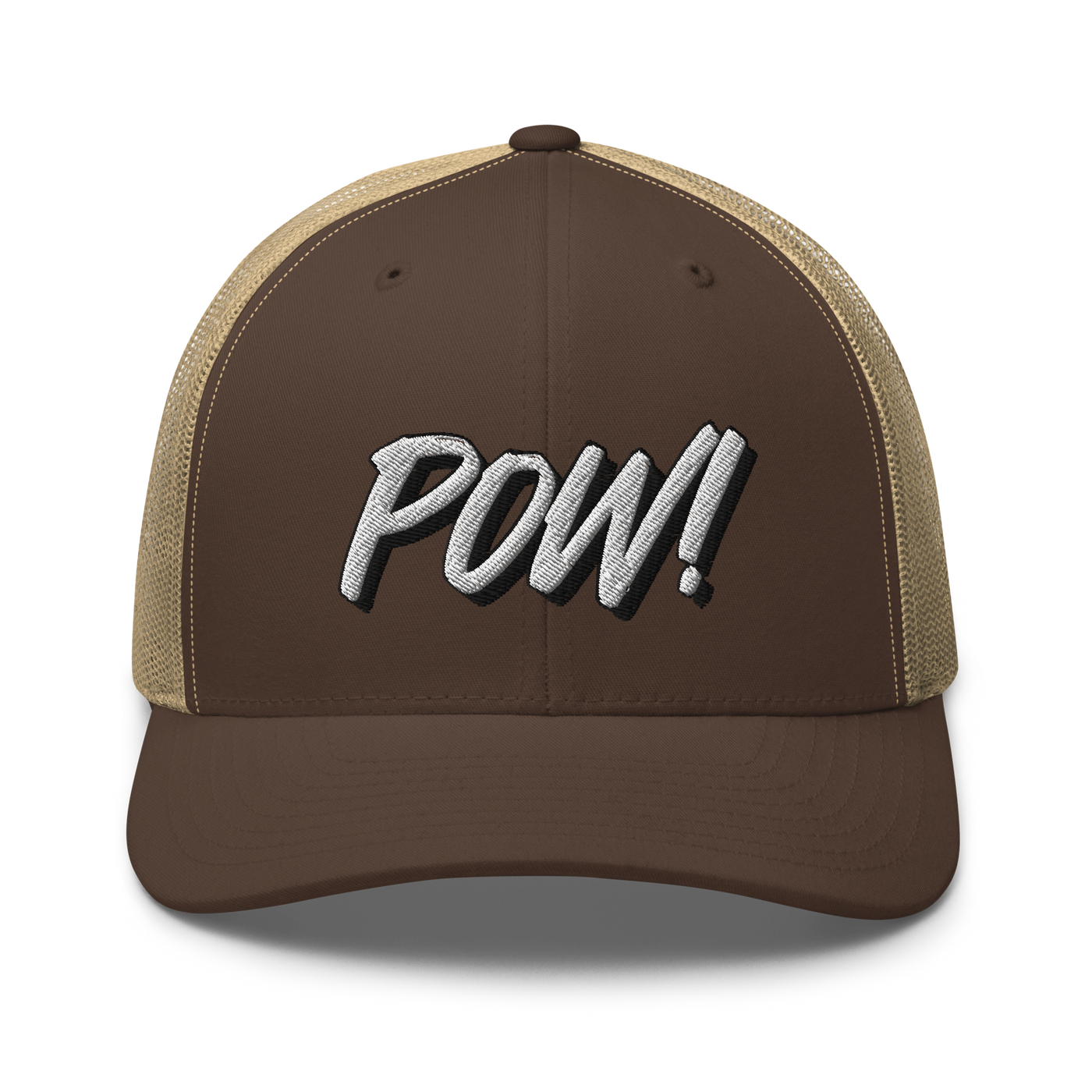 POW! bitcoin trucker cap in Brown/ Khaki, front view.