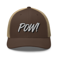 POW! bitcoin trucker cap in Brown/ Khaki, front view.