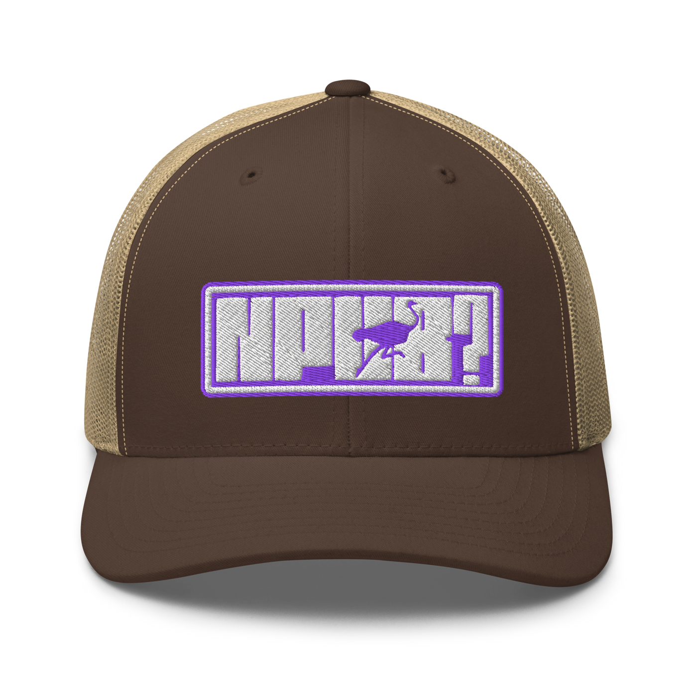 nPub? nostr trucker cap in Brown/ Khaki, front view.