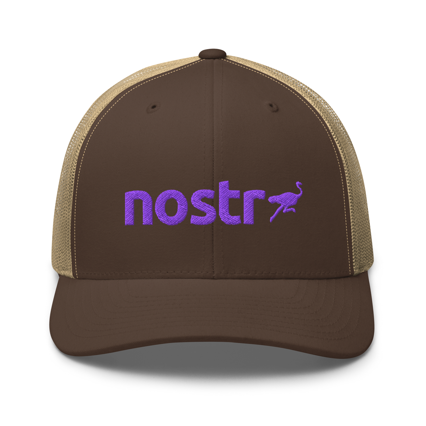 Nostr nostr trucker cap in Brown/ Khaki, front view.