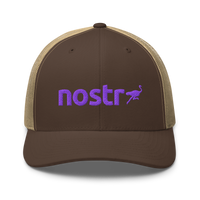 Nostr nostr trucker cap in Brown/ Khaki, front view.