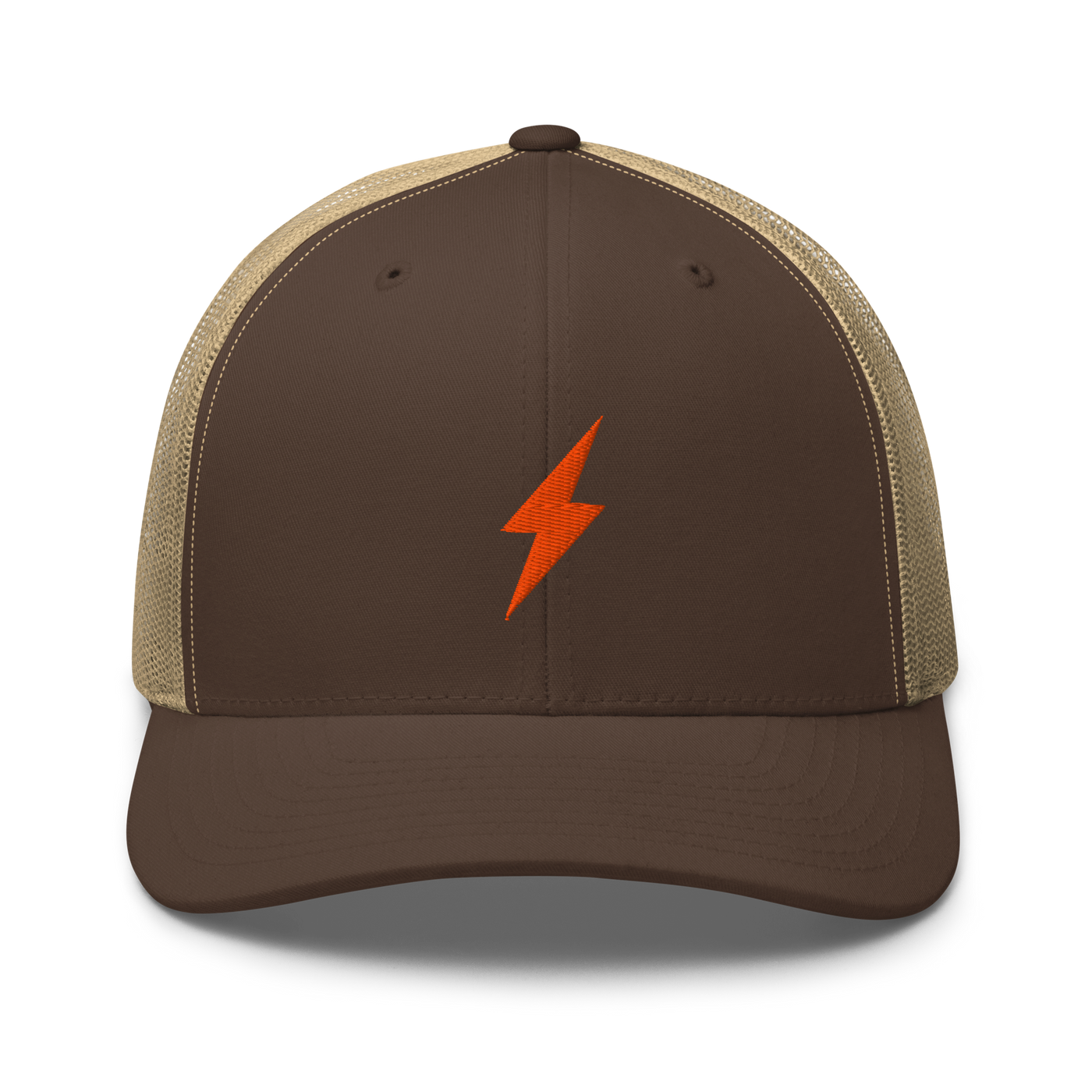 Lightning bitcoin trucker cap in Brown/ Khaki, front view.