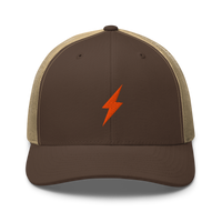 Lightning bitcoin trucker cap in Brown/ Khaki, front view.