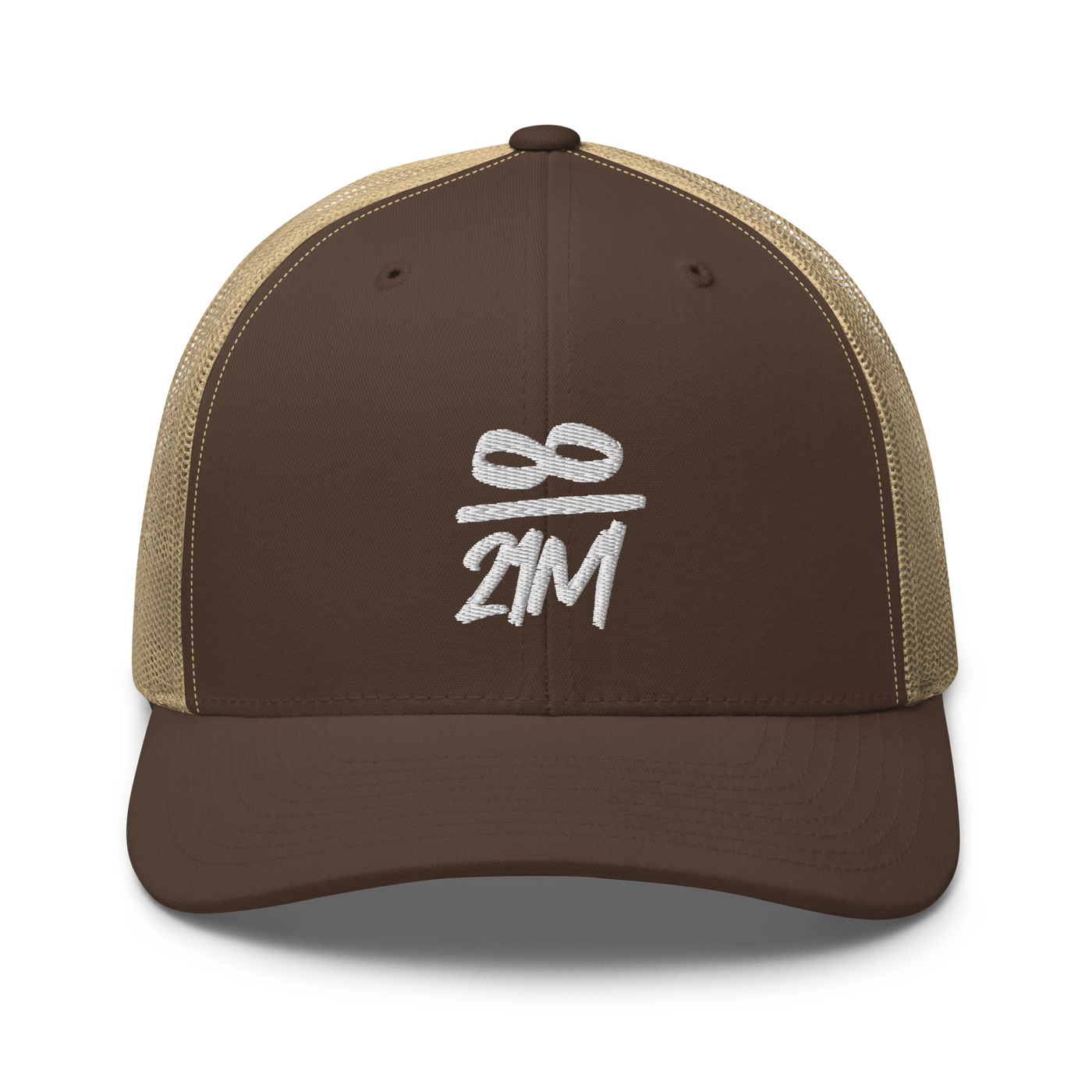 Infinity / 21M bitcoin trucker cap in Brown/ Khaki, front view.