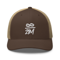 Infinity / 21M bitcoin trucker cap in Brown/ Khaki, front view.