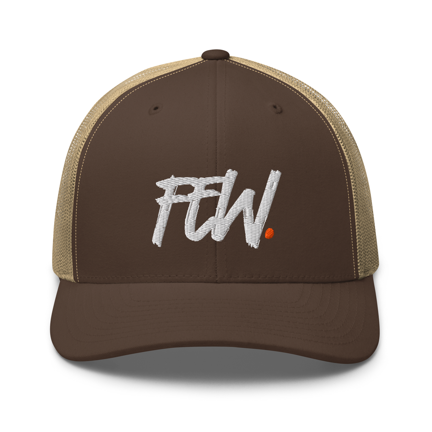 Few. bitcoin trucker cap in Brown/ Khaki, front view.