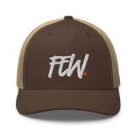 Few. bitcoin trucker cap in Brown/ Khaki, front view.
