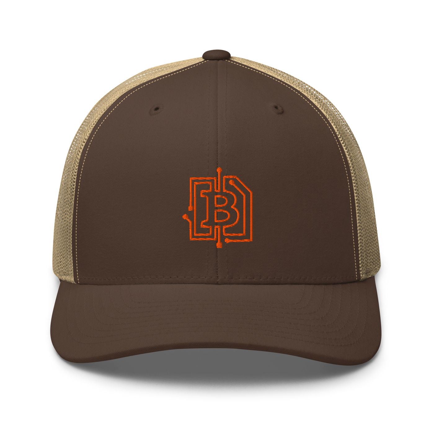 Circuit Board bitcoin trucker cap in Brown/ Khaki, front view.
