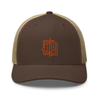 Circuit Board bitcoin trucker cap in Brown/ Khaki, front view.