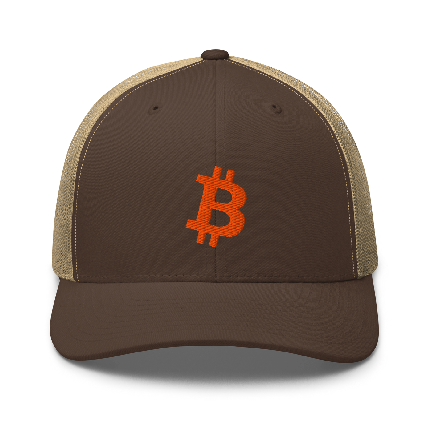 Bitcoin B bitcoin trucker cap in Brown/ Khaki, front view.