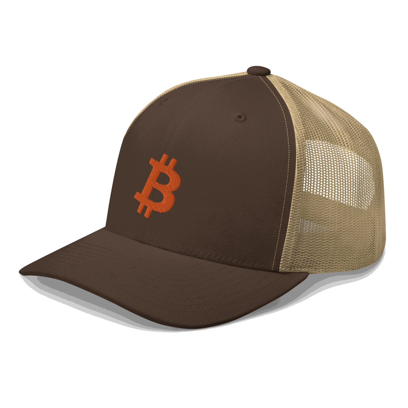 Side view of a brown and khaki bitcoin trucker cap.