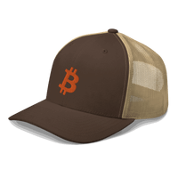 Side view of a brown and khaki bitcoin trucker cap.