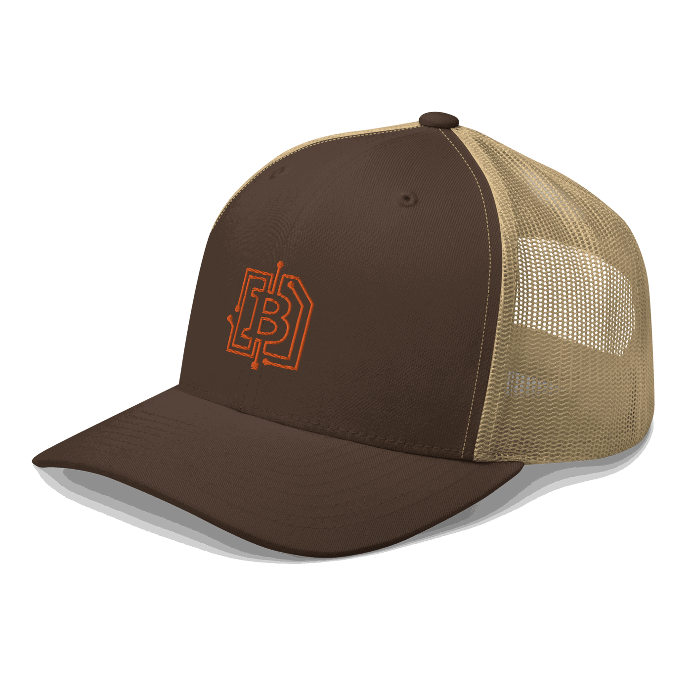 Side view of a brown and khaki bitcoin trucker cap.