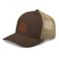 Side view of a brown and khaki bitcoin trucker cap.