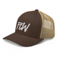 Side view of a brown and khaki bitcoin trucker cap.