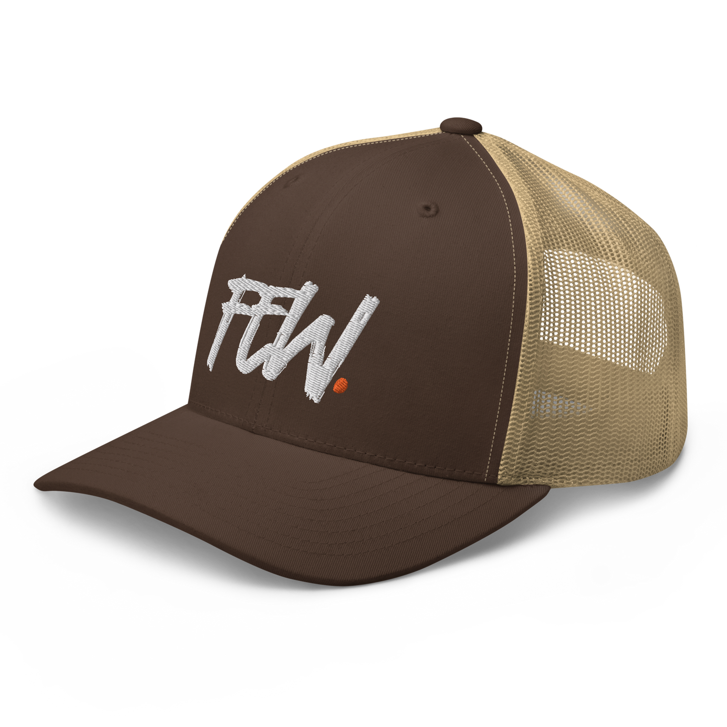 Side view of a brown and khaki bitcoin trucker cap.