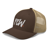 Side view of a brown and khaki bitcoin trucker cap.