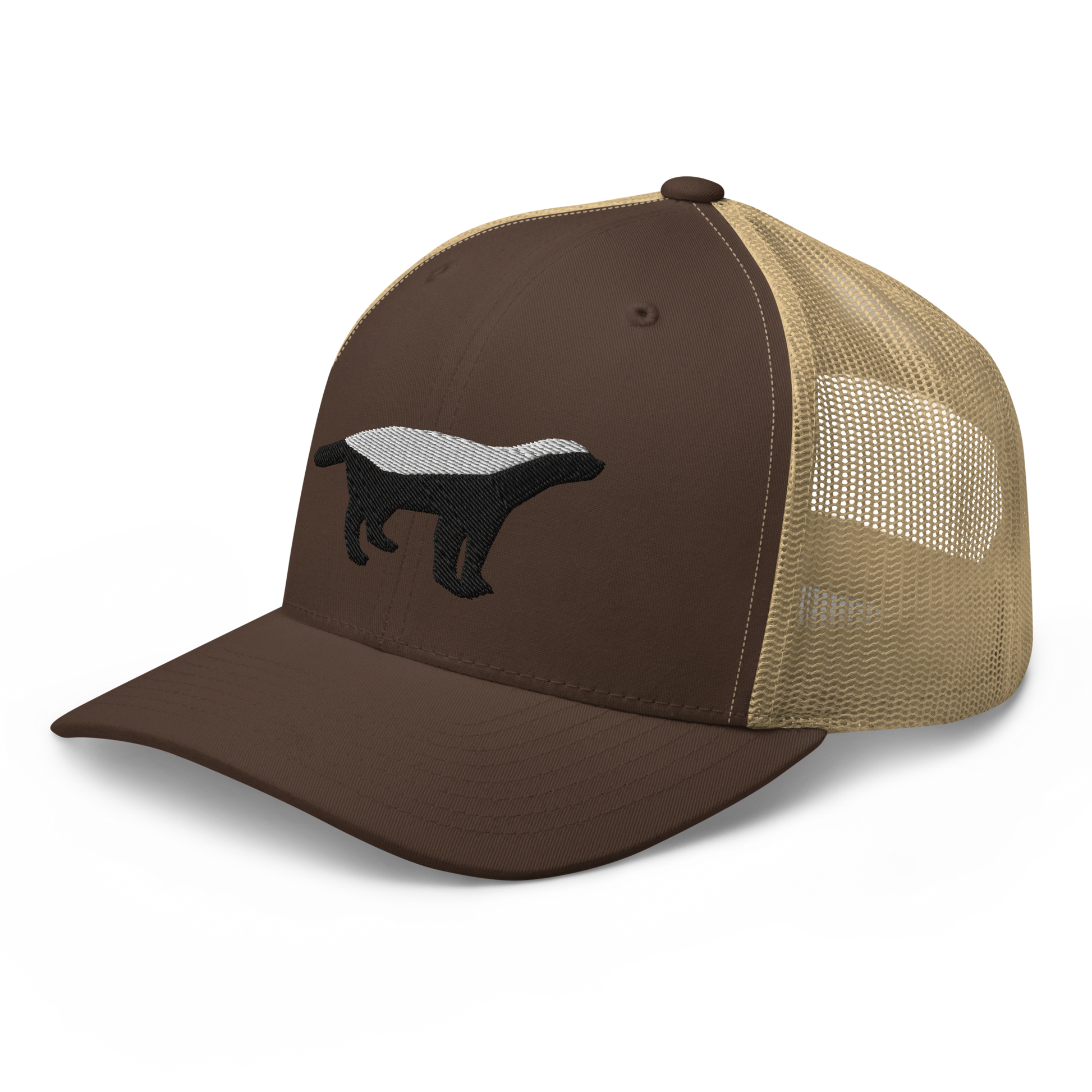 Side view of a brown and khaki bitcoin trucker cap.