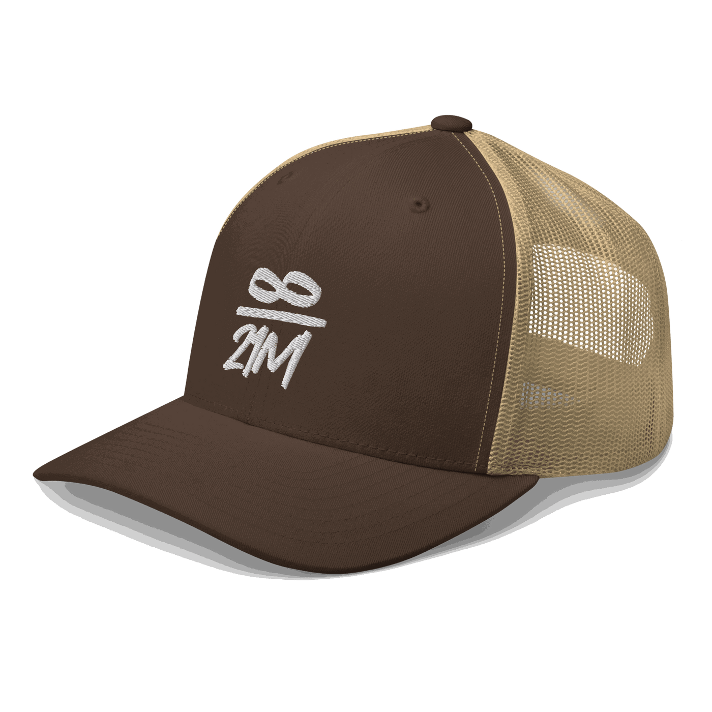 Side view of a brown and khaki bitcoin trucker cap.