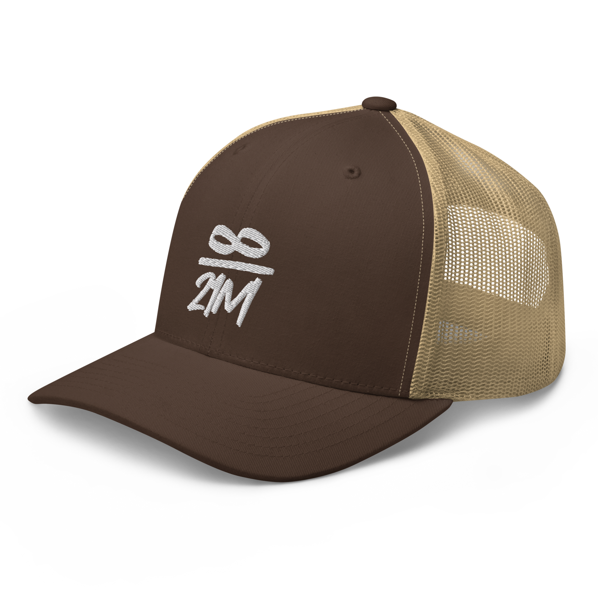 Side view of a brown and khaki bitcoin trucker cap.