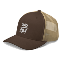 Side view of a brown and khaki bitcoin trucker cap.