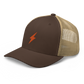 Side view of a brown and khaki bitcoin trucker cap.