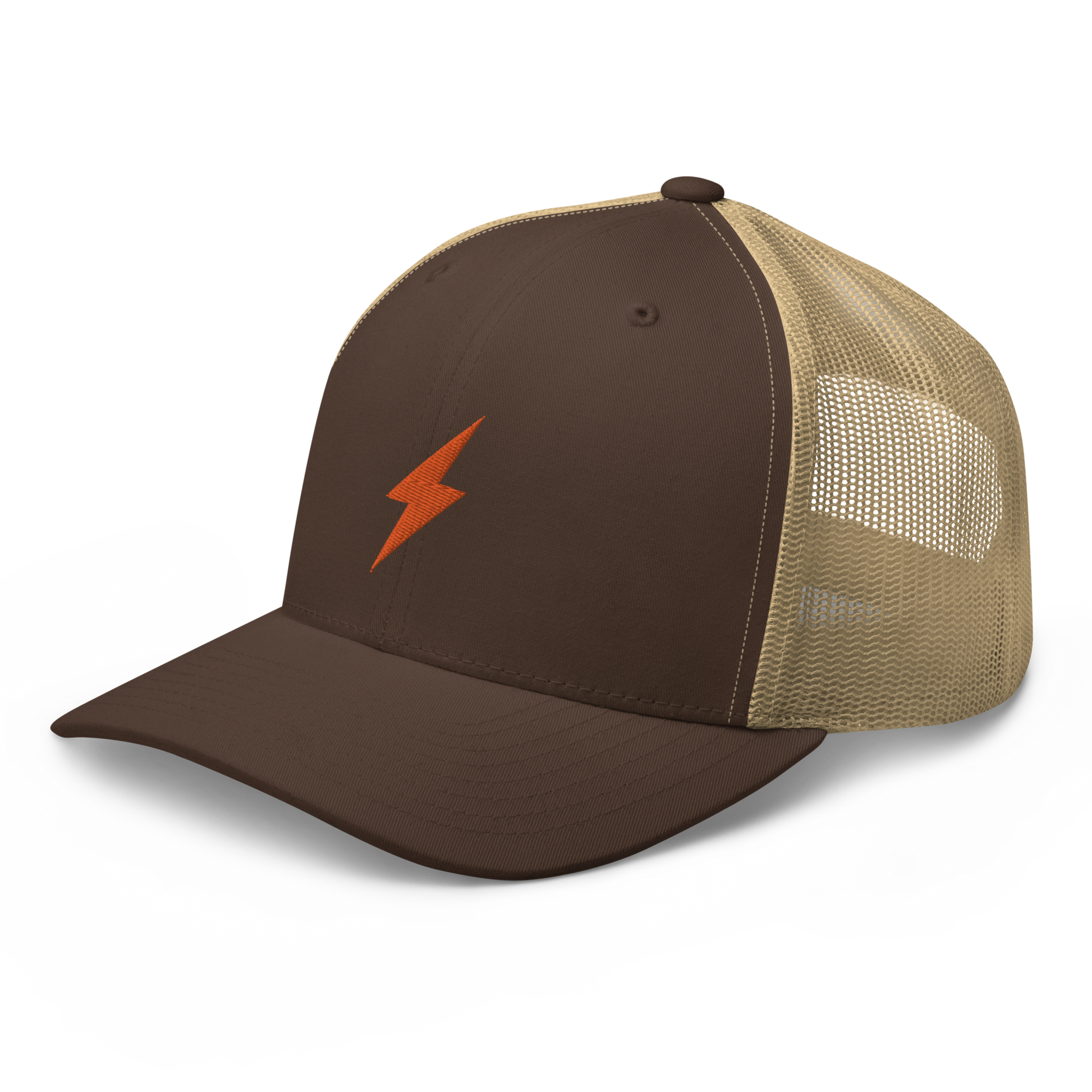 Side view of a brown and khaki bitcoin trucker cap.