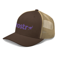 Side view of a brown and khaki bitcoin trucker cap.