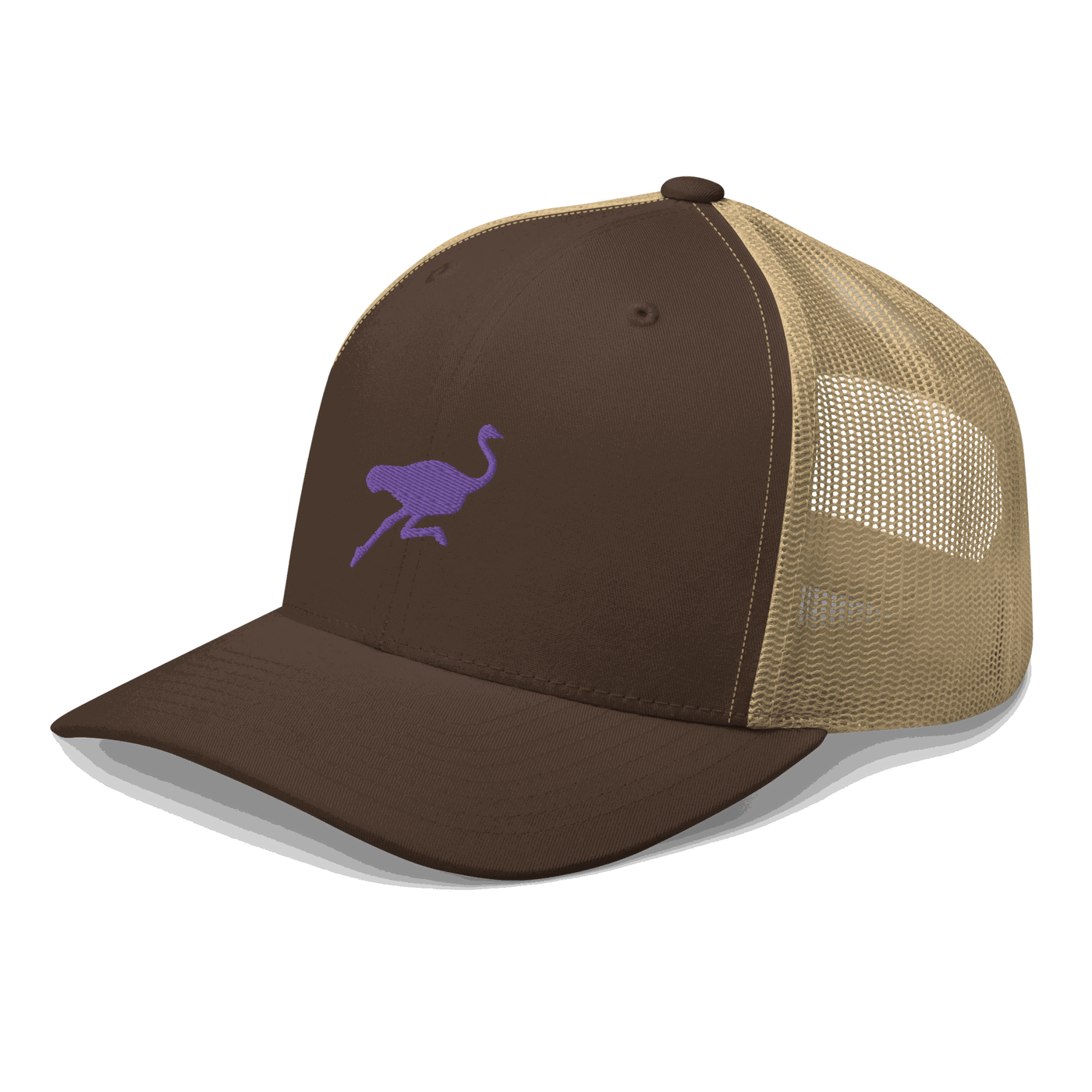 Side view of a brown and khaki bitcoin trucker cap.