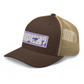 Side view of a brown and khaki bitcoin trucker cap.