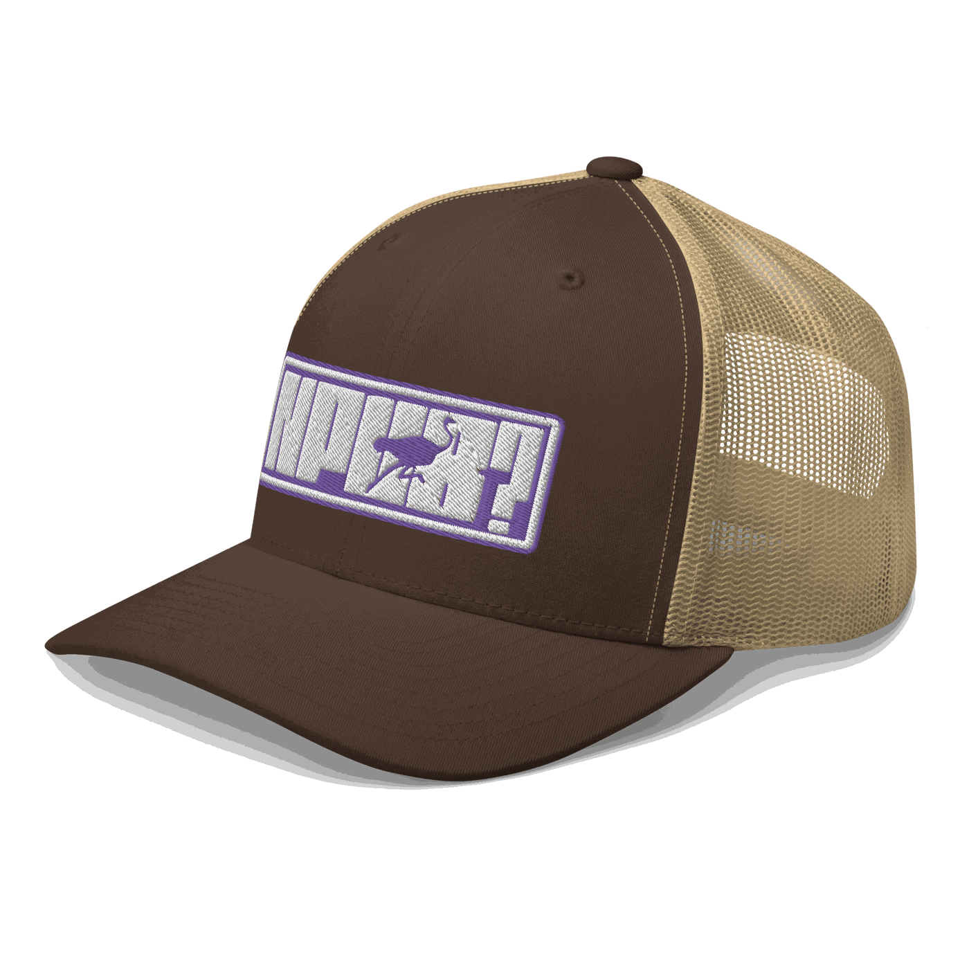 Side view of a brown and khaki bitcoin trucker cap.