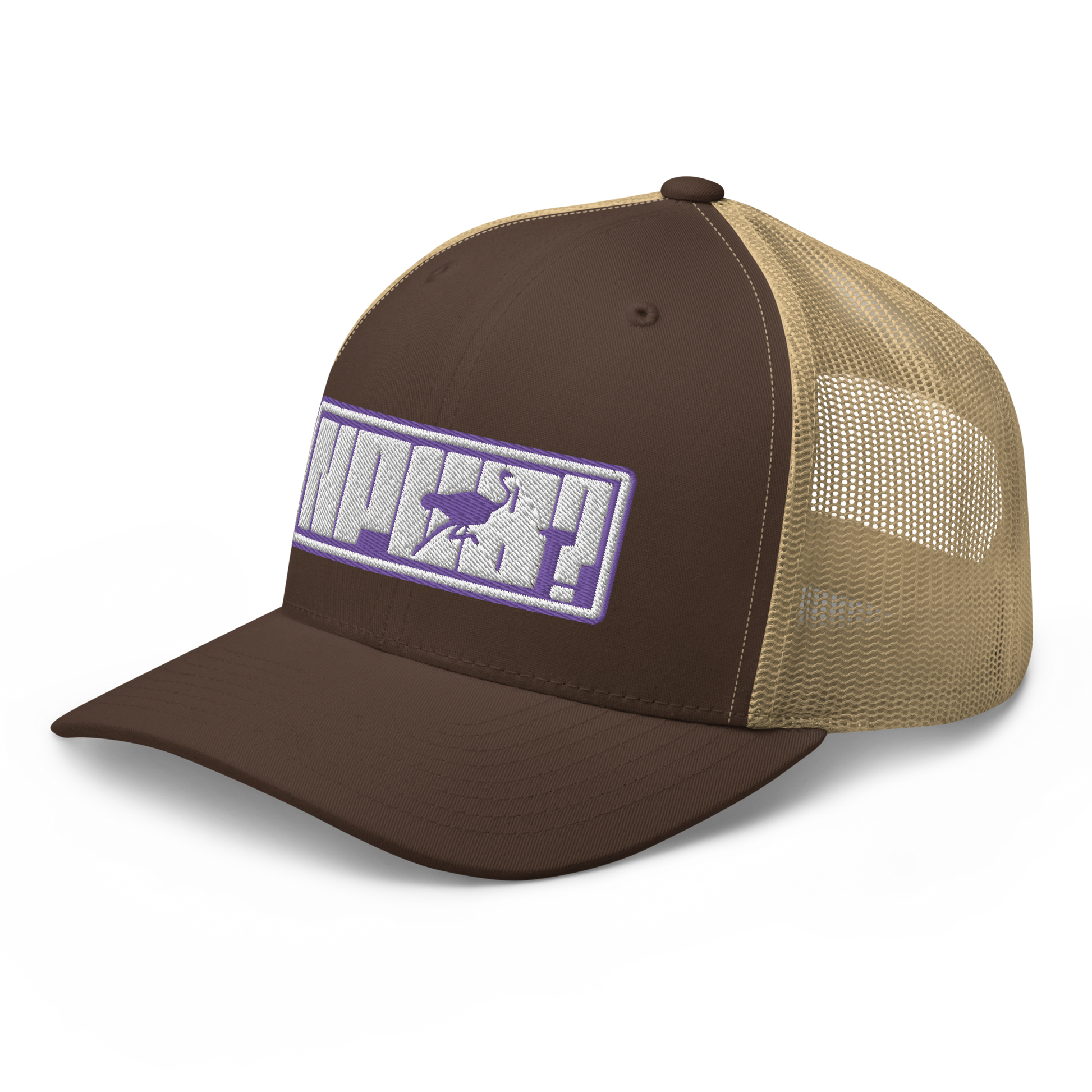 Side view of a brown and khaki bitcoin trucker cap.